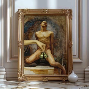 Stampa Pop Art divertente, arte alterata, dipinto vintage, arte di un uomo nudo, ritratto di uomo trasformato in cultura pop, poster di opere d'arte famose da ricreare