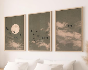 Wall Art Set of 3 Japandi Birds Moon Print Sage Green Minimalist Home Decor