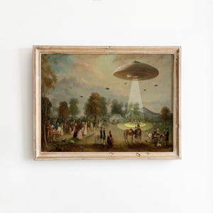 Impressão artística de paisagem vitoriana com OVNIs, pôster engraçado de abdução alienígena, decoração de parede vintage modificada.