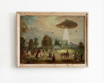 UFO Victorian Landscape Art Print, Funny Alien Abduction Poster, Altered Vintage Wall Decor