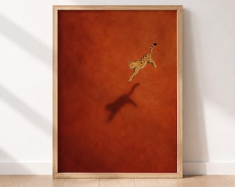 Cheetah Wall Art, Terracotta Animal Print, Desert Shadow Artwork, Neutral Minimalist Safari Home Decor