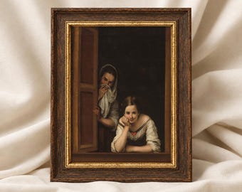 May include: A framed oil painting print depicting two figures at a window. One figure wears a white head covering and holds a cloth to their face, while the other rests their chin on their hand. The frame is dark brown wood with gold trim.