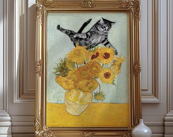 Cat and van gogh's sunflowers, cat eating flowers, bad cat, cat