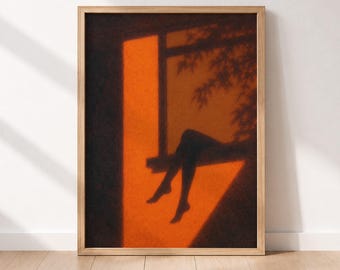 Moody Sunset Wall Art Woman Silhouette, Minimalist Bedroom Decor, Warm Orange Abstract Print Artwork