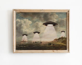 Vintage Coastal Landscape UFO Print Funny Alien Abduction Art Eclectic Surreal Wall Decor
