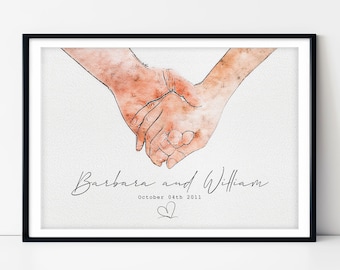 Holding Hands | Personalised Wedding Print | Wedding Gift | Couples Gift | Anniversary Gift | Congratulations | Watercolor Print | Married