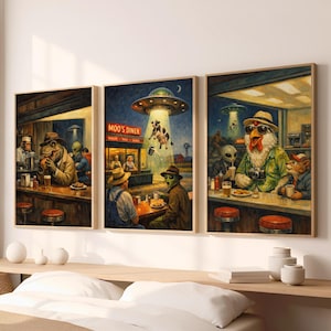 Nighthawks Parody Wall Art Set, UFO Bar Scene 3 Prints, Funny Quirky Vintage Decor