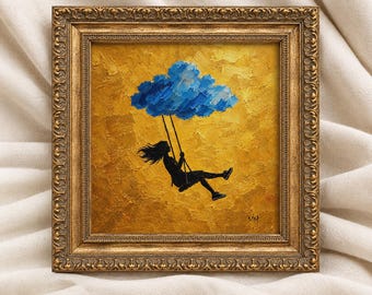 Girl on Swing Print, Dreamy Surreal Cloud Wall Art, Gold Artwork Painting, Whimsical Square Poster