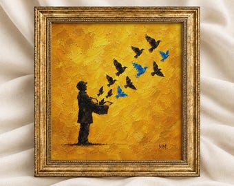 Flying Birds Painting, Bird Wall Art, Hope and Freedom Print, Golden Abstract Artwork, Modern Nature Decor