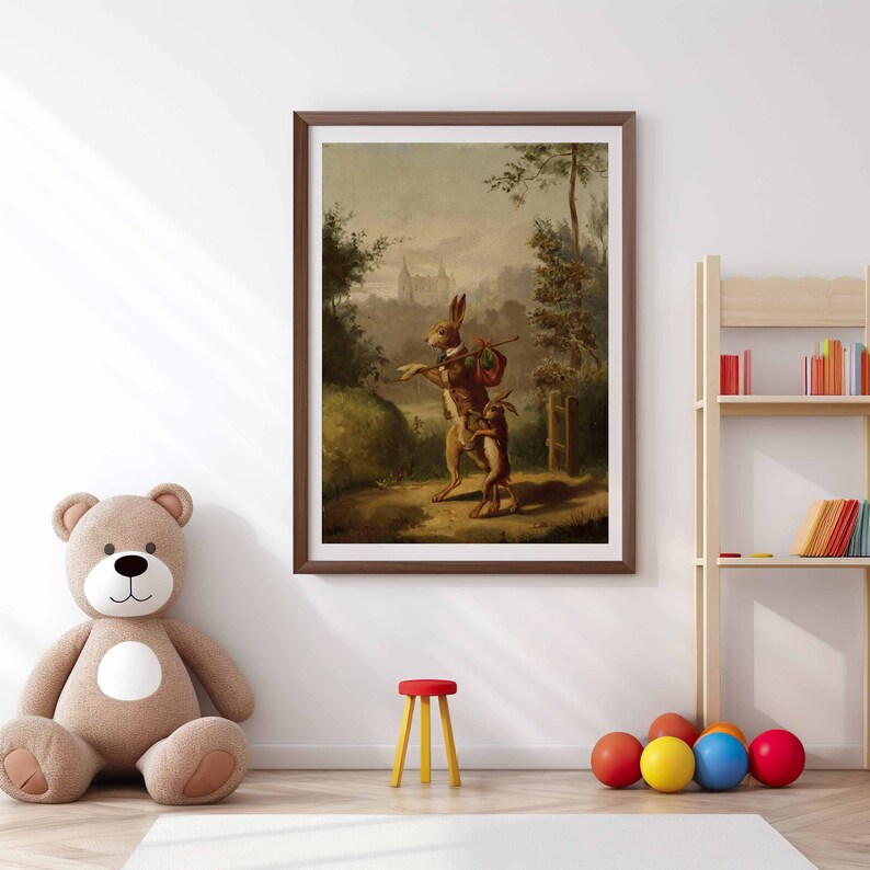 May include: A framed painting of two brown rabbits walking in a forest. The rabbit in the front is carrying a small bag on its back. The background is a blurry landscape with trees and a distant building.