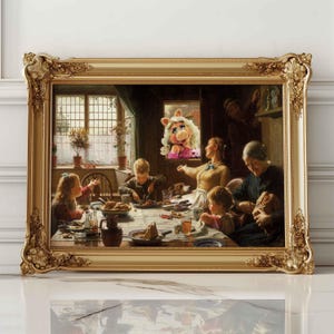 May include: A vintage-style painting of a family gathered around a table for a meal. A pink Muppet character is peeking in the window. The painting is framed in a gold frame.