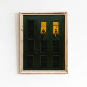 Impression d'art nuit moderne de la ville - scène de fenêtre romantique, affiche de décoration murale de mauvaise humeur