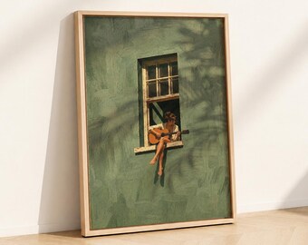 Wall Art Woman Playing Guitar, Music Lover Print, Musician Gift, Sage Green Window Decor