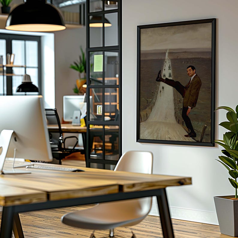 May include: A framed wall art print featuring a man in a brown blazer and dark trousers standing on a wooden surface, lifting one leg high while looking toward the viewer, set against a landscape with a long road and distant figures.
