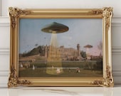 UFO Alien Abduction Victorian Landscape Funny Altered Art Print Wall Art Eclectic Print UFO Art Print Altered Wall Art Vintage Poster Prints