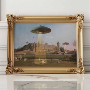 UFO Alien Abduction Victorian Landscape Funny Altered Art Print Wall Art Eclectic Print UFO Art Print Altered Wall Art Vintage Poster Prints