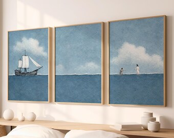 Jesus Walking on Water Gallery Wall Set, Christian Coastal Art Prints, Ocean Bible Decor