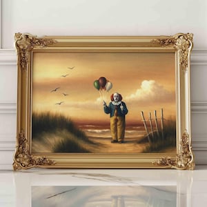 Cuadro de payaso triste, póster vintage de terror peculiar y caprichoso, decoración gótica oscura para el hogar, arte mural alterado de Halloween, ocultismo y melancolía.