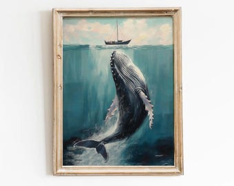 クジラと船の水彩画プリント | 海に浮かぶ船 | ヴィンテージ船 | 巨大