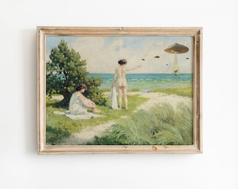 UFO Abduction Wall Art, Altered Vintage Coastal Print, Funny Aliens Poster