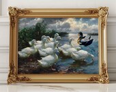 Maximalist Altered Art Print, Vintage Geese Painting, Colourful Eclectic Wall Decor