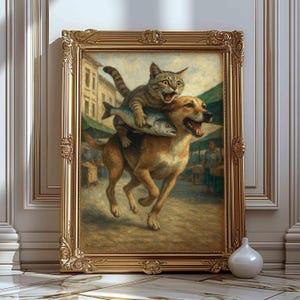 気まぐれな猫と犬のアートプリント、ヴィンテージマーケットの魚強盗シーンを描いた面白い動物の絵画、ユーモラスな壁飾り、楽しい壁アートプリント