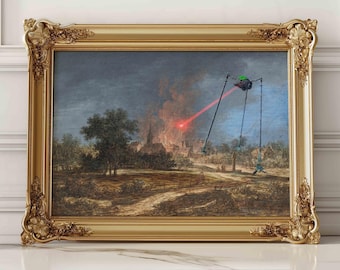 UFO Invasion Art Print, Funny Alien Abduction, Altered Vintage Landscape