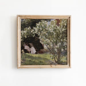 White Roses Garden Oil Painting: Woman Reading, French Farmhouse Wall Art
