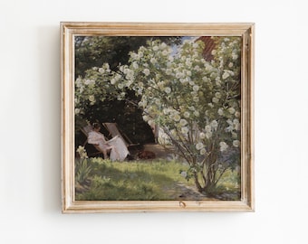 White Roses Garden Oil Painting: Woman Reading, French Farmhouse Wall Art