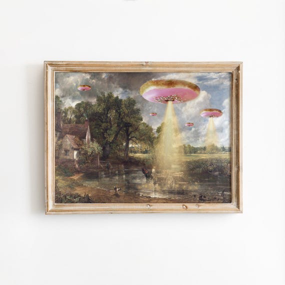 Victorian UFO Poster, Donut Invasion Altered Art Print, Funny