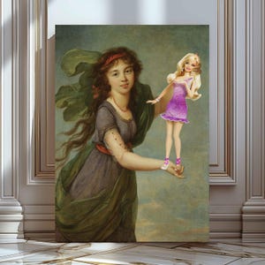 Dipinti alterati di una ragazza con bambola, trasformati in cultura pop, decorazioni murali per la cameretta dei bambini, divertenti dipinti storici alterati, illustrazioni di moda