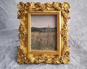 Impressão artística em miniatura de campo de flores silvestres: moldura de resina dourada vintage (7,6 x 8,9 cm)