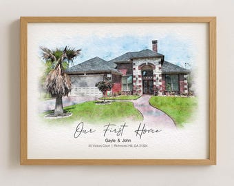 Retrato personalizado de casa en estilo acuarela. Regalo de mudanza para decorar el hogar. Ideal como obsequio para agentes inmobiliarios.