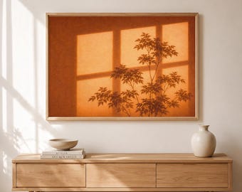 Pastel Orange Shadow Botanical Print, Blush Window Light Plant Wall Art, Minimalist Floral Poster