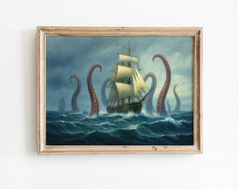 Surrealistische octopuskunstprint: grillig strandhuisdecor aan de kust