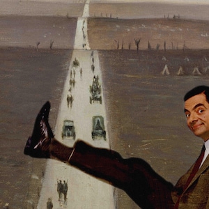 May include: A painting featuring a portrait of a man with dark hair and a brown tweed jacket, positioned in the foreground. His leg is extended horizontally across the canvas, which depicts a long, straight road through a desolate landscape.