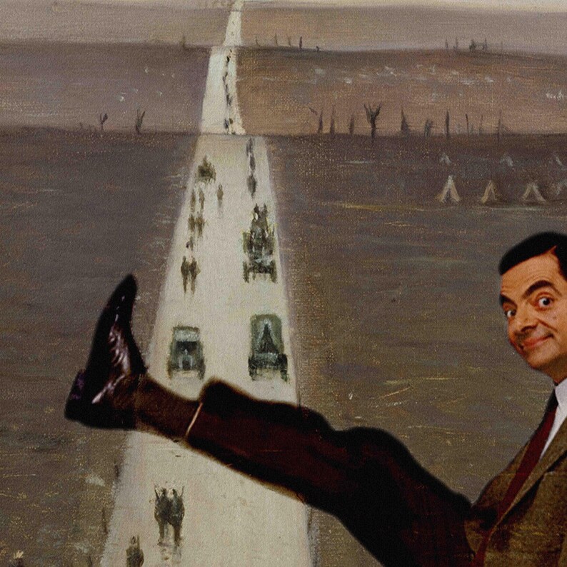 May include: A painting featuring a portrait of a man with dark hair and a brown tweed jacket, positioned in the foreground. His leg is extended horizontally across the canvas, which depicts a long, straight road through a desolate landscape.