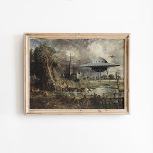 Vintage ufo-kunstafdruk, surrealistisch buitenaards landschap muurdecor, grappige gewijzigde vintage schilderij poster
