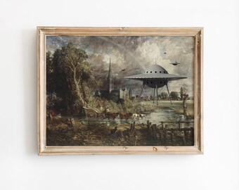 Vintage UFO Art Print, Surreal Alien Landscape Wall Decor, Funny Altered Vintage Painting Poster