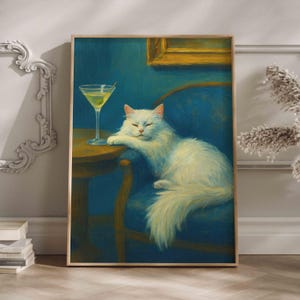 White Cat with Martini Print, Quirky Whimsical Cat Art, Bar Cart Decor, Trendy Cocktail Wall Art, Cute Persian Cat Fine Art Gift