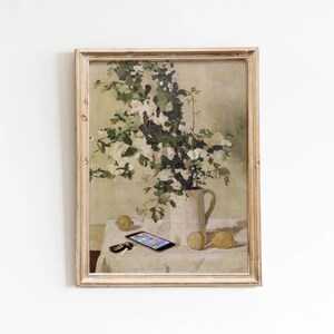 Releitura moderna da clássica natureza-morta, impressão artística alterada com smartphone, decoração para parede de galeria.