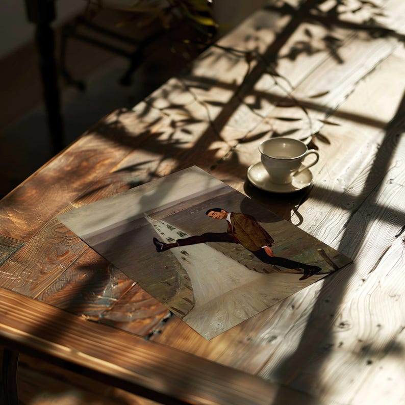May include: A rectangular print featuring a surrealist painting of a person in a brown jacket and black trousers performing a high kick against a landscape background, accompanied by a white ceramic teacup and saucer on a wooden surface.