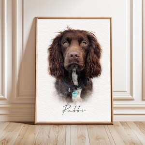 May include: A framed portrait print featuring a brown spaniel dog with long ears, a white chest patch, and a dark collar with a light blue tag. The name Rabbi is printed in black script below the dog's head against a textured white background.