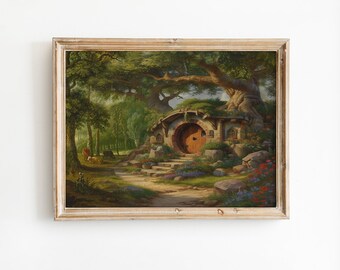 Impression d'art lunatique de maison de campagne de porte ronde, décoration murale rustique de paysage de forêt de fantaisie
