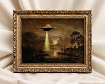 May include: A rectangular wall art piece in an ornate gold frame featuring a dark landscape painting of a river at dusk with a metallic flying saucer hovering above, casting a bright yellow beam of light down onto the water surface.