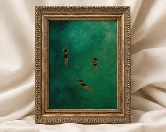 Emerald Green Abstract Art Print: Three Girls Swimming, Minimalist Wall Decor