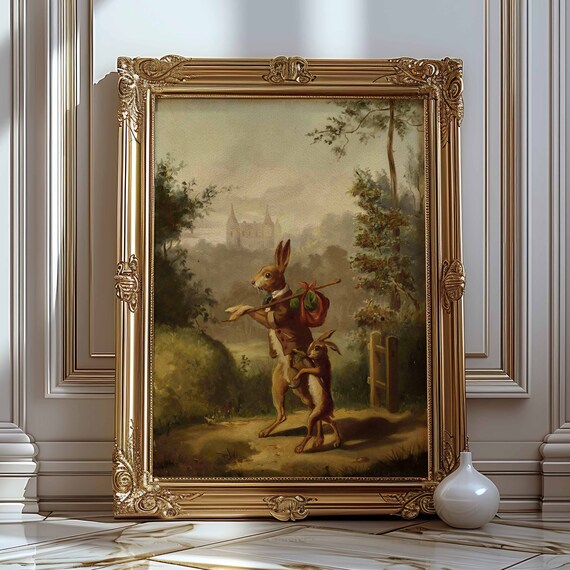 Vintage Rabbits Art Print: Antique Bunnies Painting, Rustic Home Decor