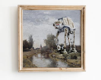 Originalgemälde: Alien-Maschine in Cottagecore-Landschaft