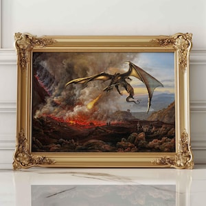 Arte alterata: Vesuvio in eruzione di J. C. Dahl 1821, dipinti trasformati in cultura pop, divertente dipinto storico alterato, stampa di drago