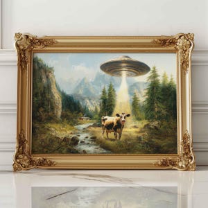 Kuh Entführung Art Print: Vintage UFO Poster, Sci-Fi Wand Dekoration